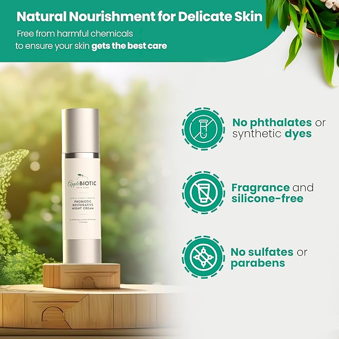 Apple Cider Vinegar Restorative Night Cream - Overnight Firming, Smoothing Cream with African Green Coffee, Green Tea, Chamomile & Probiotic Extracts for Dry, Oily, Sensitive Skin, Men & Women