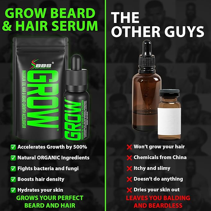 GROW Beard Oil Serum + Biotin Beard Growth Gummies – Beard Growth Kit for Men with 620,000mcg Biotin, Collagen, MSM & Keratin – Thickens Beard, Fills Patches & Supports Hair Growth
