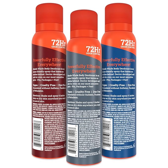 Mando Whole Body Deodorant For Men - Invisible Spray Deodorant - 72 Hour Odor Control - Low Irritation Formula - Aluminum Free, Benzene Free - 3.6 ounce - 3pk - Bourbon Leather, Mt Fuji, Pro Sport
