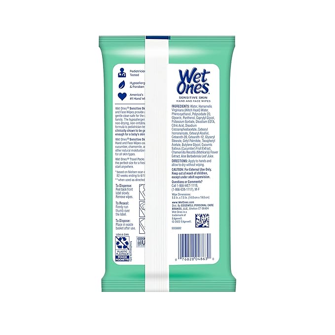 Wet Ones Sensitive Skin Hands and Face Wipes, 20 Count Travel Pack (Pack of 10)