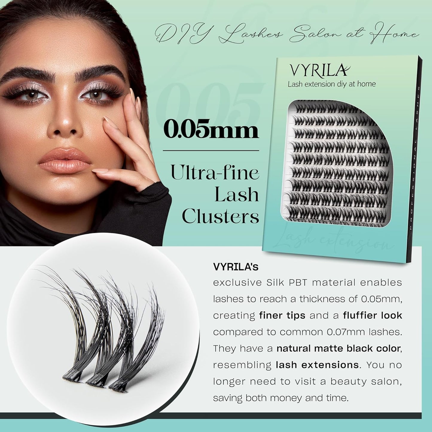 Lash Clusters 0.05mm Individual Lashes, 3D Wispy Lashes Clusters, 0.1mm Super Thin Band Resuable Natural Lashes,C Curl Faux Mink Lashes,108pcs Lash Extension (Green Cozy-C-0.05-8-16mix)