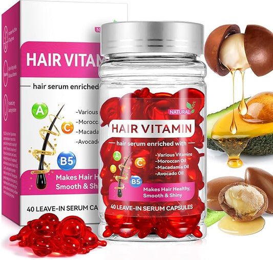 Hair Vitamins, Hair Vitamin Oil Capsules with Avocado Oil, Hair Treatment Serum for Frizzy & Dry Hair, Leave-in Anti Frizz Hair Styling Moisturizing Serum Capsules for Women, 40PCS, Red