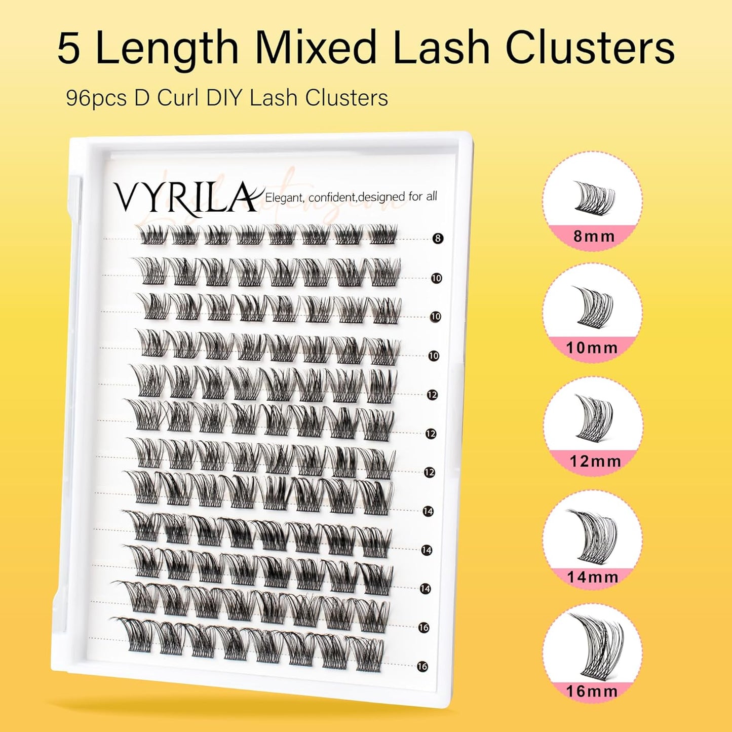 Lash Clusters 8-16mm, False Eyelashes 96pcs, Cluster Eyelash Extensions Matte Black Soft, Diy Lash Extensions D Curl Natural Lash Clusters Faux Mink Lashes Wispy๏ผTide,96pcs,0.07,D,8-16MIX)