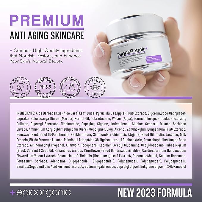 Epic Organic Night Repair | Anti Wrinkle Night Cream for Women | Anti Aging Night Cream with Hyaluronic Acid and Collagen | Night Moisturizer for Face | Day and Night Facial Skin Care | 1.7 oz