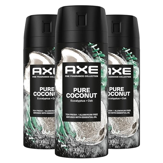 AXE Fine Fragrance Collection Premium Deodorant Body Spray for Men Pure Coconut 3 Count with 72H Odor Protection and Freshness Infused with Coconut, Eucalyptus, and Oak Essential Oils 4 oz