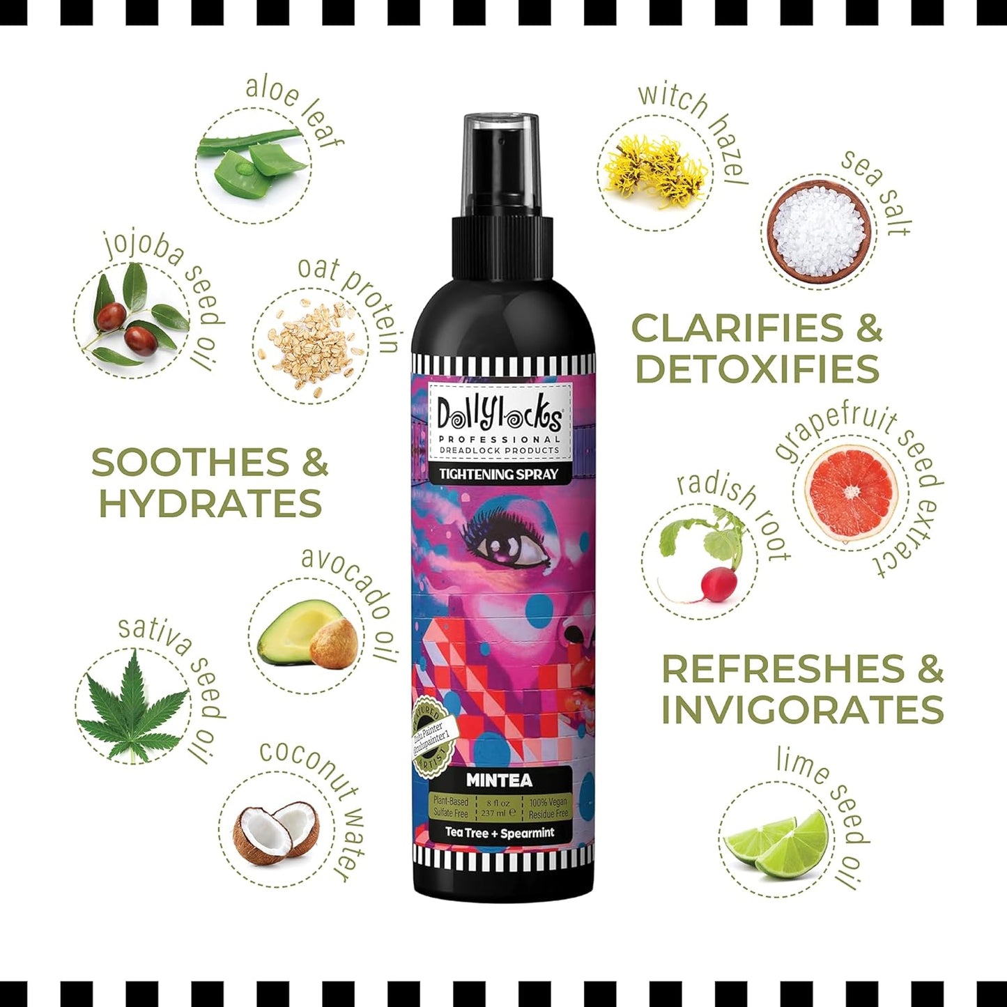 Dollylocks Dreadlock Tightening Spray for Locs - Mintea, Tea Tree Spearmint - Strengthen, Tame Frizzy Dreads, Residue-free for Loose Hair, 8oz