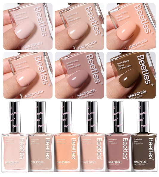 Beetles Nude Nail Polish Set Coconut Mousse 6Pcs, Pink Nail Fast Drying Long Lasting Neutral Brown Red Burgundy Dark Lacquer Glossy for Salon-Quality Results