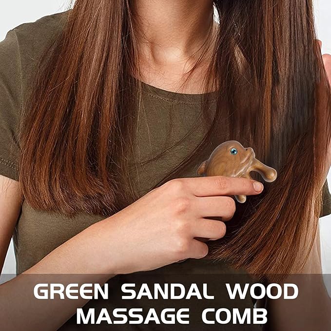 Natural Wood Wide Tooth Hair Comb Head Scalp Massage No Static Green Sandalwood Hair Pick Wooden Comb for Women Men Kids Hair Neck Hands Legs Caring Tool (Cute Shark), Brown