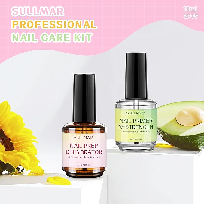 15ml Nail Prep Dehydrator&Nail Primer X-Strength Set, Nail Primer and Dehydrator for Acrylic Nails Nail Bonding Nail Care Kit with Nail Cuticle Oil and Nail Strengthener