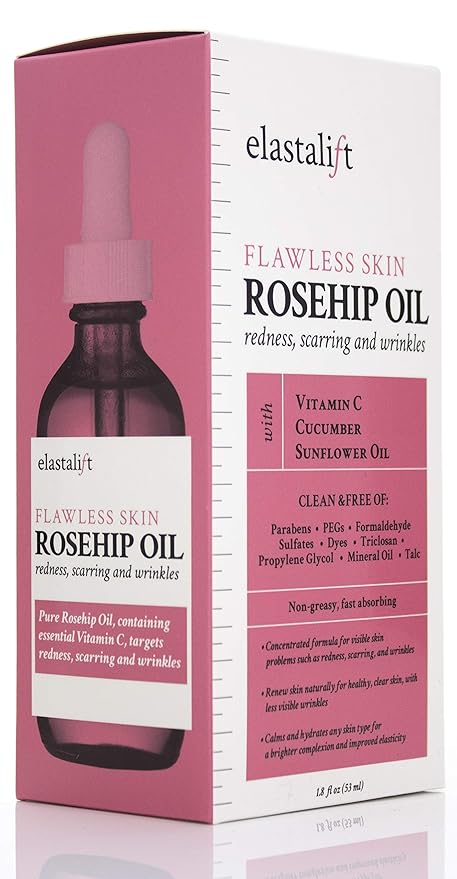 Elastalift Rosehip Oil for face with Vitamin C and Cucumber. Pure Rosehip face oil helps with Wrinkles, Scarring, and Redness for a brighter skin complexion. 1.8 Fl Oz (Pack of 2)