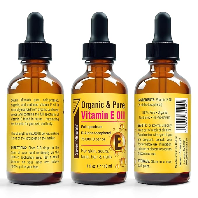 Seven Minerals Ultra Pure Vitamin E Oil - 300,000 IU Full-Spectrum D-Alpha Tocopherol per 4 Oz Bottle - 100% Organic Vitamin E Oil for Skin, Face, Hair, and Scars - Naturally Occurring = Not Synthetic