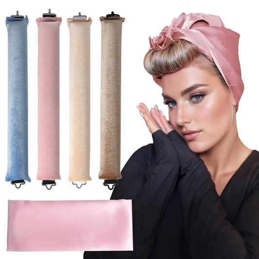 Heatless Curls Overnight Hair Curler - 4 Pcs Curling Rod to Sleep In, Satin Flexi Rods for All Hair Types,Velvet Rollers with Satin Scarf Girl's gift
