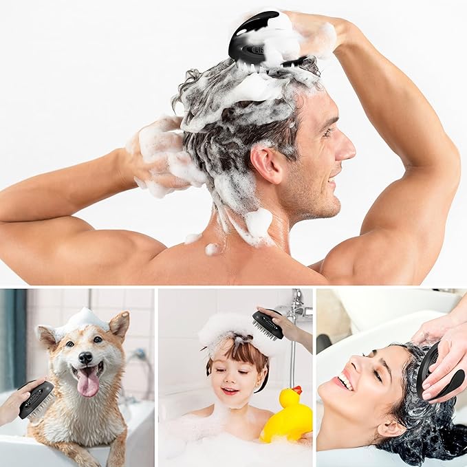 Hair Massager Scalp 3 in1 Scalp Scrubber Silicone Scalp Massager with Three Bristles-Soft, Medium and Hard Brush for Men Women and Pets,Black
