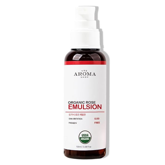 [USDA] TheAromaShop Organic Rose Emulsion, Hydrating Non-Greasy Formula with Rose, Aloe & Jojoba Oil - Targets Dryness & Strengthens Skin Barrier, 3.38 fl oz (100 ml)