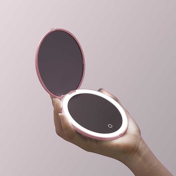 Fancii Mini Taylor Compact Magnifying Mirror with LED Light, 10x/1x, Rechargeable, 3 Light Settings, Dimmable - Small Lighted Travel Handheld Mirror for Pocket, Handbag, Purse, 2-Sided (Pink)