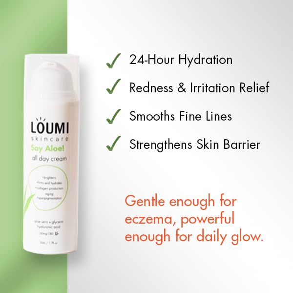 LOUMI Skincare Lightweight Hydrating Aloe Face Cream, Aloe Vera, Algae, And Hyaluronic Acid, Soften And Brighten Skin, Made In The US