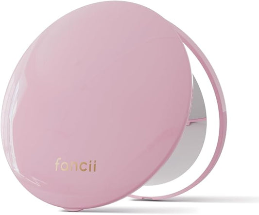 Fancii Mini Taylor Compact Magnifying Mirror with LED Light, 10x/1x, Rechargeable, 3 Light Settings, Dimmable - Small Lighted Travel Handheld Mirror for Pocket, Handbag, Purse, 2-Sided (Pink)