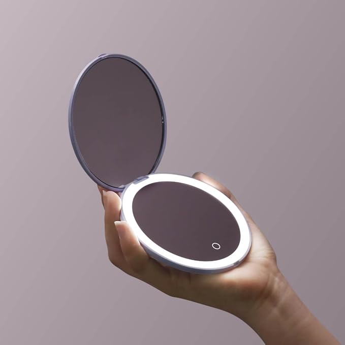 Fancii Mini Taylor Compact Magnifying Mirror with LED Light, 10x/1x, Rechargeable, 3 Light Settings, Dimmable - Small Lighted Travel Handheld Mirror for Pocket, Handbag, Purse, 2-Sided (Purple)