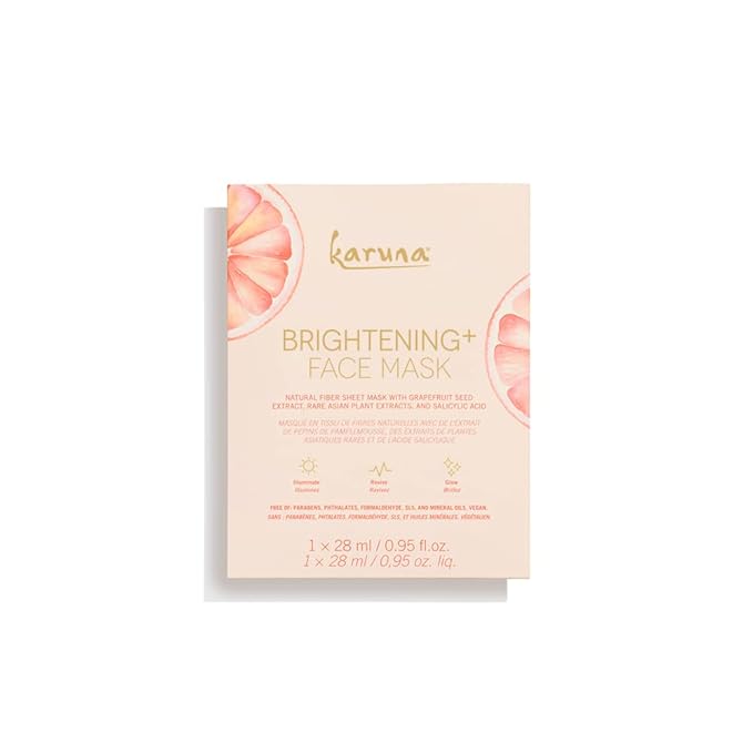 Karuna Brightening+ Face Mask Sheets, Facial and Beauty Skin Care Essential to Brighten Skin and Reduce Hyperpigmentation or Dark Spots, Contains Grapefruit Seed Extract and Salicylic Acid (1 Sheet)