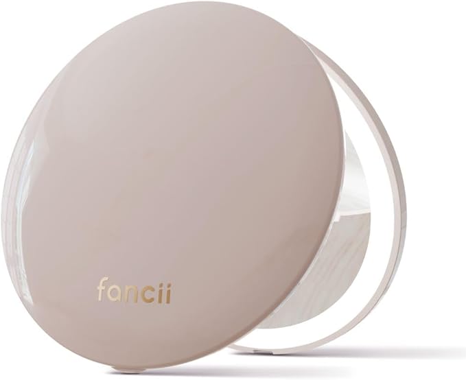 Fancii Mini Taylor Compact Magnifying Mirror with LED Light, 10x/1x, Rechargeable, 3 Light Settings, Dimmable - Small Lighted Travel Handheld Mirror for Pocket, Handbag, Purse, 2-Sided (Beige)
