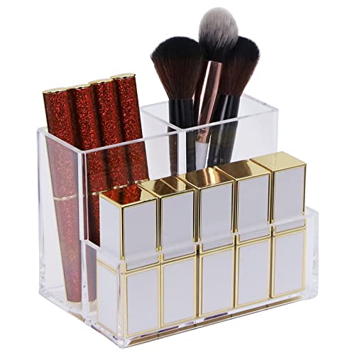 Acrylic Makeup Organizer Cosmetic Storage Makeup Display Case Makeup Brush Holder Lipstick Dispenser Canister Bathroom Container (5.1 x 3.5 x 3.9 in, 3 Partitions, Transparent)
