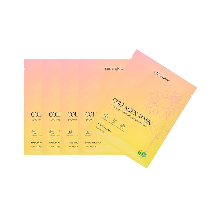 SUN & GLOW VEGAN COLLAGEN MASK Including Natural Elements Fermented 7-Layer Hyaluronic Acid Complex Soothing and Moisturizing Skin Korean Home Skincare Mask (0.88oz 25g 5Packs)