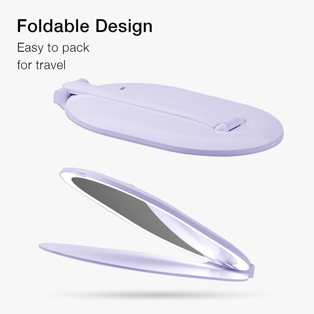 Fancii LED Rechargeable Portable Makeup Mirror with 3 Color Light Settings & 10x Magnetic Magnifying Mirror – Ultra Slim, Foldable Travel Vanity Mirror, 1500 mAh Battery, Height (Purple)