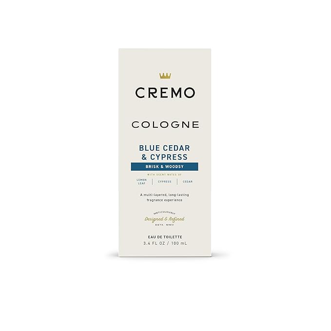 Cremo Cologne for Men - Blue Cedar & Cypress Mens Cologne Spray- A Woodsy Scent with Notes of Lemon Leaf, Cypress and Cedar, Fragrances For Men, 3.4 Fl Oz