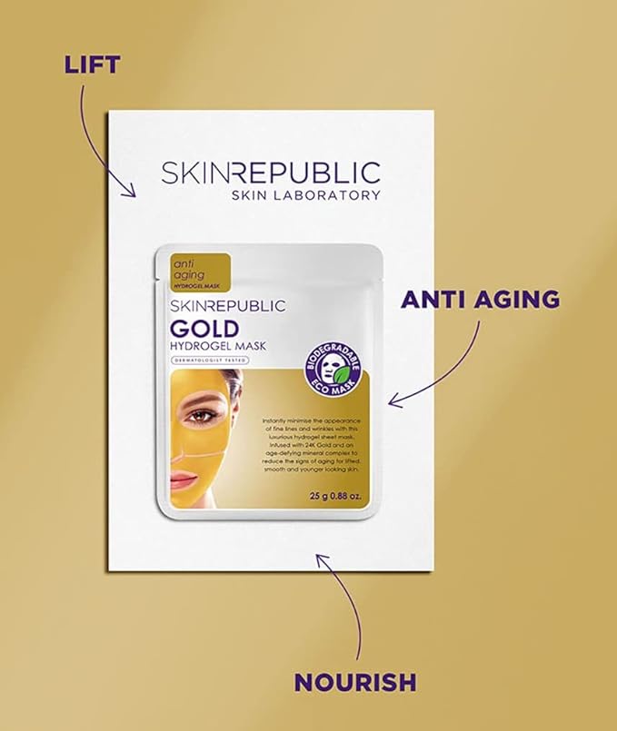 Skin Republic Gold Hydrogel Face Mask. Clinically Proven To Reduce Wrinkles by 13% After One Use. Made In Korea.