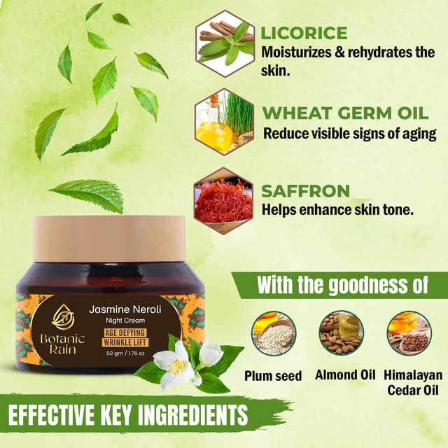 Organic Night Moisturizer For Women Anti Aging With Jasmine Neroli, Natural Crepey Skin Cream For Aging Skin, Ayurveda Products Suitable For All Skin Type - 1.76 fl oz