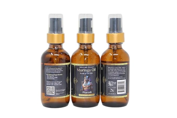 Pharoah - 100% Pure Moringa Oil blended with Leather, and Sweet Tobacco Essential oils and infused with Egyptian Ormus Gold - Pure Moringa Seed oil - Scent of The Nile - 2oz. (60 Ml)