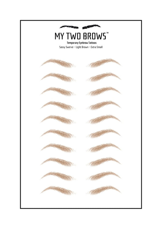 (10 pairs) Light Brown Temporary Eyebrow Tattoo - Extra Small Size - Waterproof & Smudgeproof - Sassy Swerve Style Eyebrow Stickers - Sheet Lasts up to 30 Days - Won't Work on Existing Brows