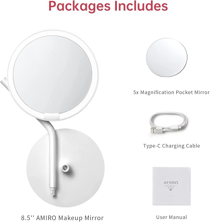AMIRO 8'' LED Makeup Mirror, 5-Level Brightness/Touch Screen Control/Memory Function/180° Rotation/Detachable Small 5X Magnification Mirror