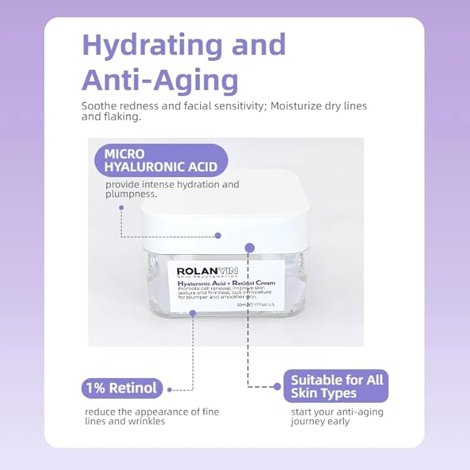 ROLANYIN Hyaluronic Acid + Retinol Cream Anti Aging and Deep Hydration Nourishing Wrinkle Reduction and Smoothing Formula for Improved Skin Texture Skin Care