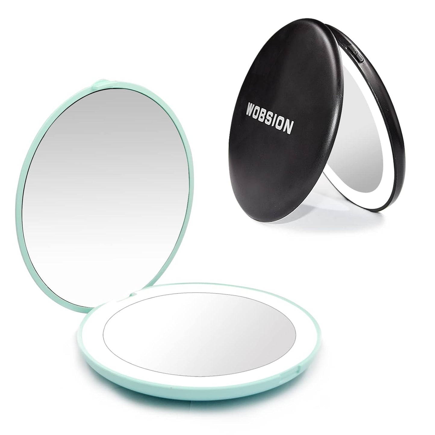 WOBSION Travel Compact Mirror,Portable 1x/10x LED Makeup Mirror with Magnification,Handheld 2-Sided Pocket Mirror, 3.5in Small Mirror for Purse,Handbag,Gift,Cyan&Black,2 Pack