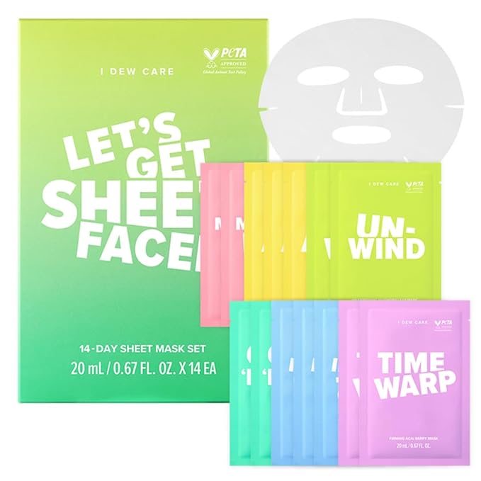 I DEW CARE Glass Skin Face Mask Variety Pack - Let's Get Sheet Faced | For Perfect Care Routine, 2 Week Intense Korean Face Masks Skincare, Makeover with Collagen, Moisturizing, 14 Count