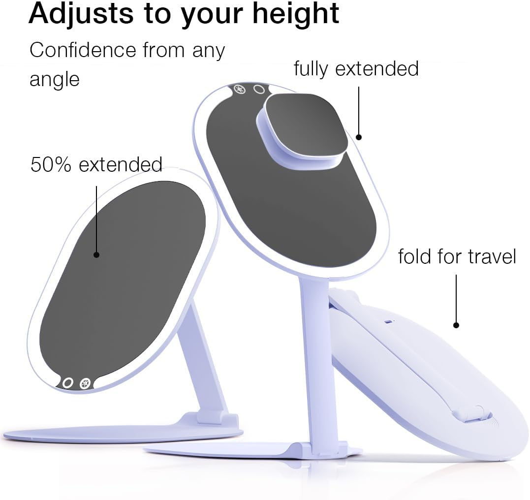 Fancii LED Rechargeable Portable Makeup Mirror with 3 Color Light Settings & 10x Magnetic Magnifying Mirror – Ultra Slim, Foldable Travel Vanity Mirror, 1500 mAh Battery, Height (Purple)