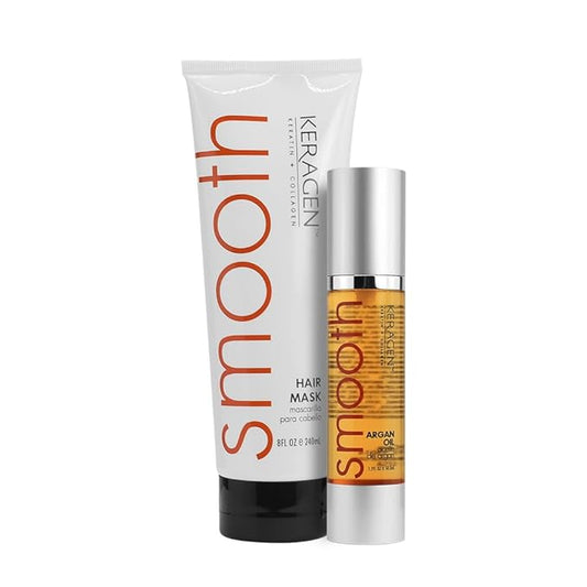 KERAGEN Hair Care Duo: Mask for Dry Damaged Hair (8 Oz) + Moroccan Argan Oil (1.7 Oz) - Deep Conditioning, Frizz-Free, Anti-Frizz Serum, Brilliant Shine, Hydrates, Seals Cuticles