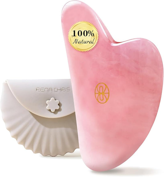 Rena Chris Gua Sha Facial Tools-Ergonomic Rose Quartz Gua Sha for Face Massage, Jawline Sculpting & Puffiness Reduction with Silicone Case (Pink)