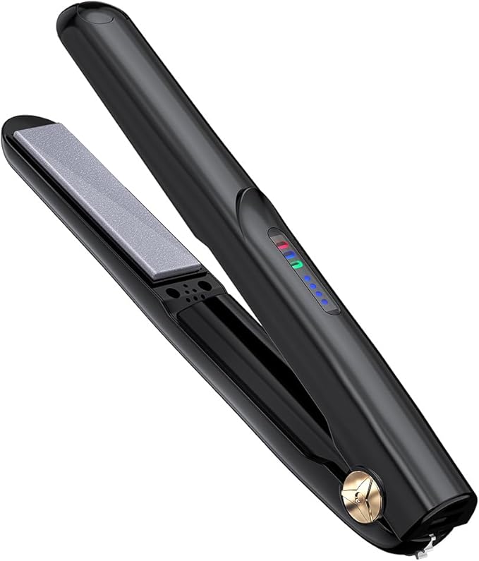 Cordless Hair Straightener and Curler 2 in 1 Ceramic Flat Iron Mini Cordless Portable Travel Hot Tools Straight Curl for Women Men USB Rechargeable with Pouch (Black)