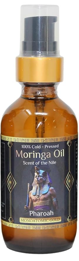 Pharoah - 100% Pure Moringa Oil blended with Leather, and Sweet Tobacco Essential oils and infused with Egyptian Ormus Gold - Pure Moringa Seed oil - Scent of The Nile - 1oz. (30 Ml)