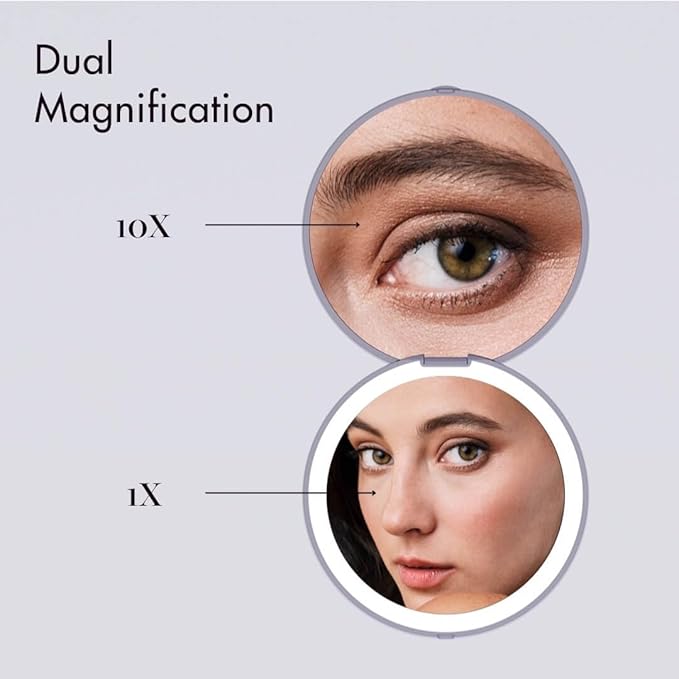 Fancii Mini Taylor Compact Magnifying Mirror with LED Light, 10x/1x, Rechargeable, 3 Light Settings, Dimmable - Small Lighted Travel Handheld Mirror for Pocket, Handbag, Purse, 2-Sided (Purple)