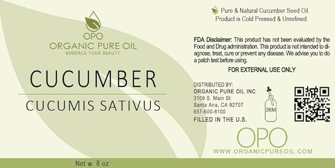 OPO Cucumber Seed Oil - 8 oz - Pure, Unrefined, Cold Pressed, Non-GMO, Hexane-Free, Vegan Carrier Oil for Skin, Hair, Nails, Body, Face & More - Hydrating, Nourishing, Skin Rejuvenating