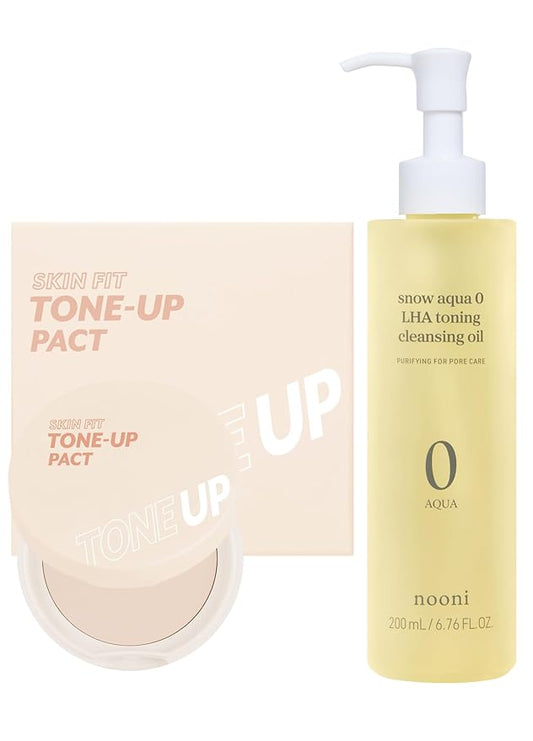 I'M MEME Skin Fit Tone Up Pact, 0.35 Oz + NOONI Korean Cleansing Oil - Snow Aqua 0 LHA Toning Pore Care Korean Facial Oil Cleanser, 6.76 fl.oz Bundle