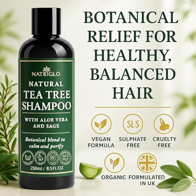 Organic Tea Tree Oil Shampoo | Anti Dandruff | Sulfate Free Shampoo for Itchy Scalp, Dry, Flaky Hair | Sensitive Scalp Care | Natural, Vegan, SLS Free, Cruelty Free | Women | Men