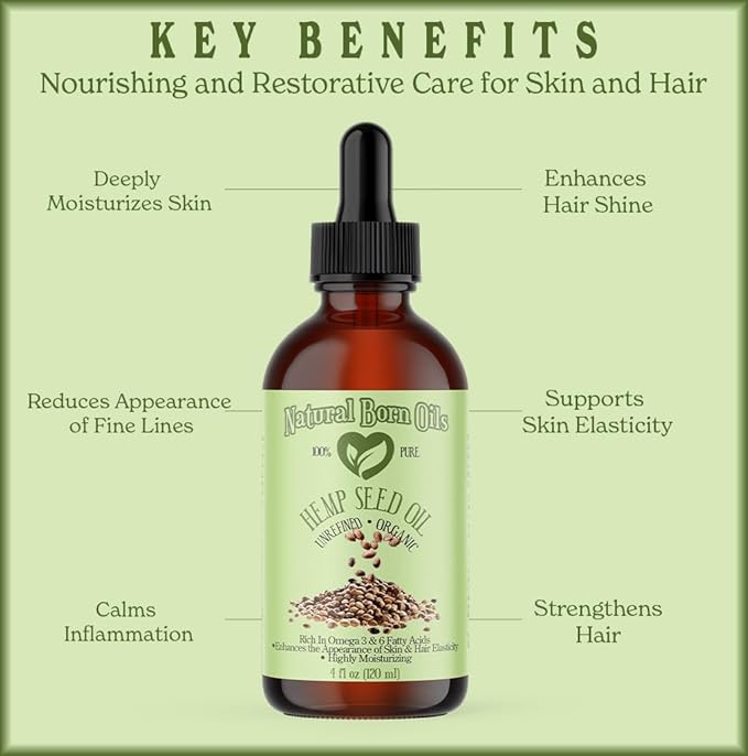 Natural Born Oils Hemp Seed Oil, 16oz, Organic, Cold-Pressed, Nutrient-Rich, Deep Skin Moisturizer, Hair Health Booster