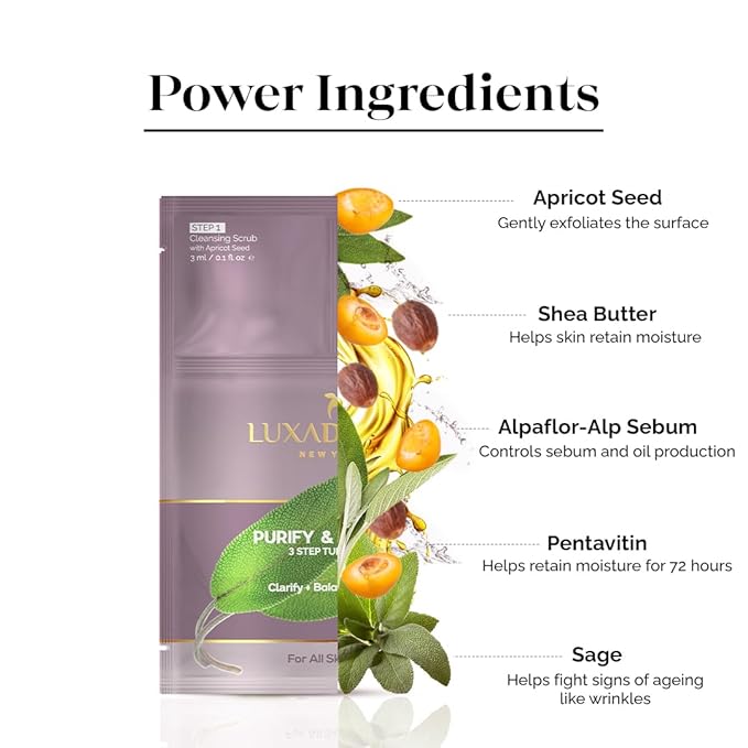 LuxaDerme Purify & Protect 3 Step Tune-Up Kit - Cleansing Scrub, Bio Cellulose Sheet Mask, Booster Cream