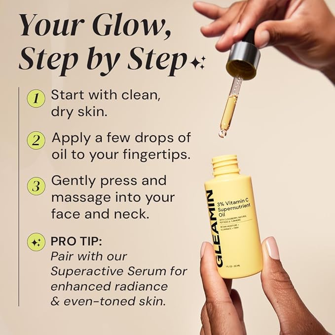 Gleamin Brightening Face Oil with Vitamin C, Vitamin E, Jojoba Oil, Cloudberry, Peptides & Turmeric – Hydrating, Skin Firming for Dull Skin & Dark Spots | Fragrance-Free Facial Oil, 1 fl