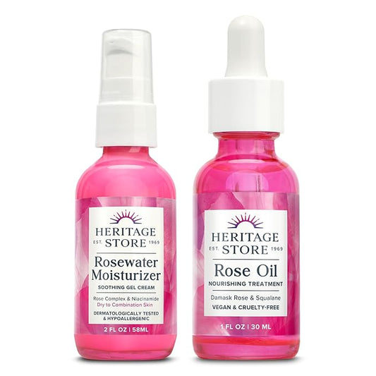 HERITAGE STORE Rosewater Facial Moisturizer and Rose Oil - Fresh Hydration Bundle for Dry to Combination Skin Care - With Hyaluronic Acid and Our Signature Rose Complex - Vegan, Hypoallergenic, 60-Day