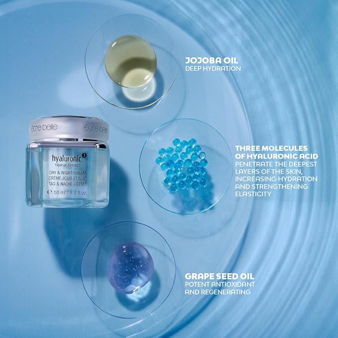être belle Hyaluronic³ Day & Night Cream | Hyaluronic Acid Moisturizer Face Cream with Squalane, Jojoba, and Grape Seed Oil for All Skin Types | Hydrating, Firming & Plumping Face, 50 ml / 1.7 Fl Oz